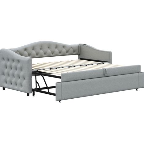 Cama tapizada convertible 90 x 200 cm con USB, somier de lamas, gris (1/5)