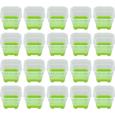Pots de pépinière en plastique et silicone, 20 unités, assortiment de pots de semis réutilisables pour plantes à fleurs, carrés, transparents, verts. (1/5)