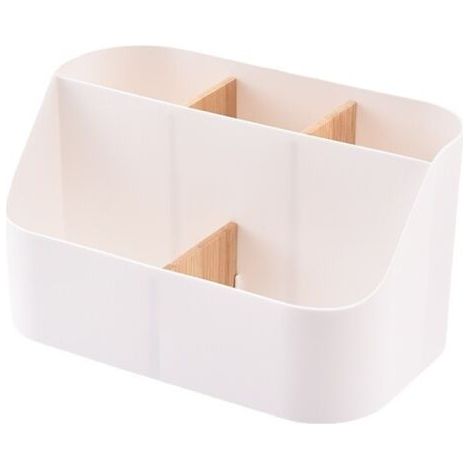 Organiseur de bureau, boîte de rangement, fournitures de bureau, pot à crayons avec compartiments en bois, pour bureau, école, maison, blanc (1/5)