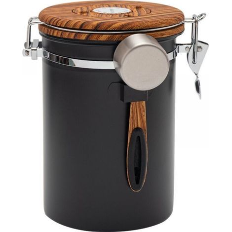 Boîte hermétique pour conserver les grains de café. en acier inoxydable. avec date et valve CO2(Couleur imitation bois. grand format. 1800 ml) (1/4)