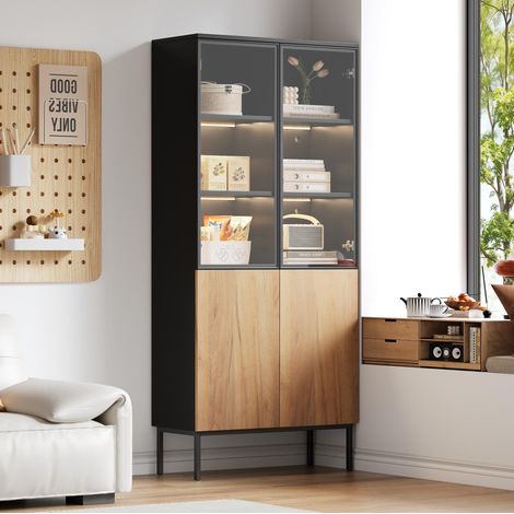 Vitrine en bois avec portes vitrées et LED, 180 cm, noir et chêne, REDOM (1/5)