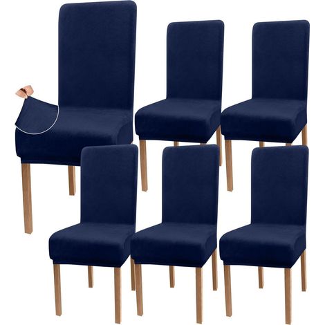 Stuhlhusse Samt Dunkelblau Set 6 Stück, dehnbar, waschbar, für Esszimmerstühle (1/5)