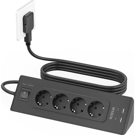 Multiprise d'angle avec 4 USB (2 USB C), 4 prises multiprises plates avec interrupteur, protection contre les surtensions, avec câble de 2 m, pour cuisine (noir) (1/5)
