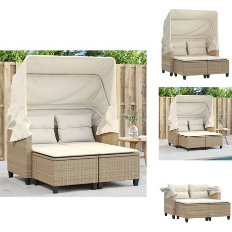 Canapé de jardin 2 places avec auvent et tabourets beige rotin - Canapé De Jardin - Mobilier De Jardin - Salon De Jardin - Résine Tressée - Rotin Synthétique (1/5)