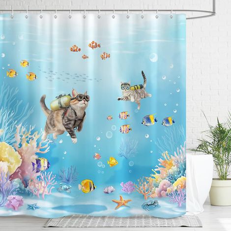 Rideau de Douche Chat Plongeur 180x180cm, Rideaux de Douche Décoration Maritime à Récif Corallien, Tissu Polyester Imperméable Lavable pour Baignoire et Bain avec 12 Crochets (1/5)