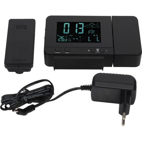 Réveil à projection avec rétroéclairage couleur 8, affichage de la température et de la météo, fonction snooze, port USB, prise 100-240 V. (1/5)