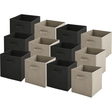Lot de 12 paniers pliables en tissu noir et taupe 27 x 27 x 27 cm