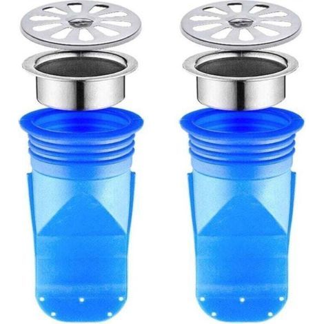 Pair Siphon de sol en silicone ajustable anti-reflux, paquet de 2, valve unidirectionnelle pour plomberie de sol de salle de bain (bleu 95x45mm) (1/4)