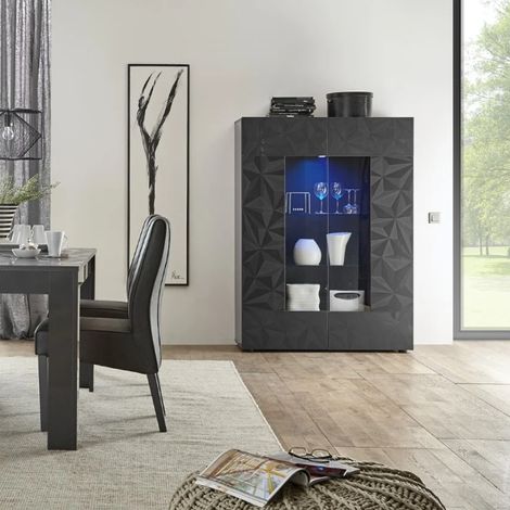 Vitrine haute PRISMA 2 portes – Design géométrique noir avec partie vitrée (1/5)