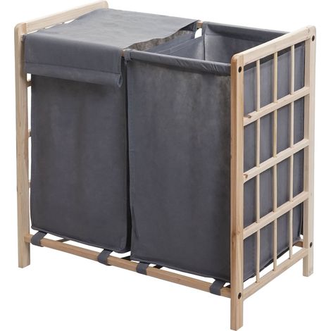 [NEUWERTIG] Wäschesammler HHG-582, Laundry Wäschebox Wäschekorb, Massiv-Holz 2 Fächer 60x60x33cm 68l hellbraun, Bezug grau