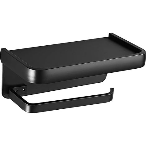 Soporte para papel higiénico con bandeja para teléfono, montaje en pared adhesivo o con tornillos - Negro (1/5)