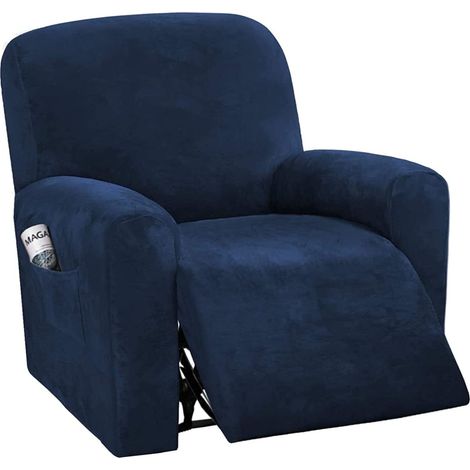 Samt-Stretch-Sesselbezug, 4-teilig, weicher Sesselbezug mit Seitentasche, rutschfest, waschbar, Sofabezug fürs Wohnzimmer, Marineblau (1/5)