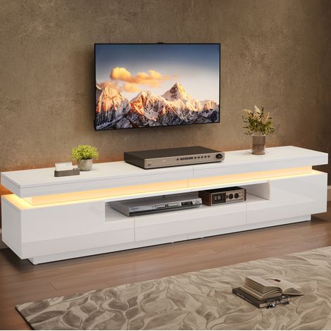 TV-Lowboard Spanplatte Weiß Hochglanz mit LED, 175 x 38 x 45 cm, 2 Schränke, 1 Schublade, für TVs bis 75 Zoll (1/5)