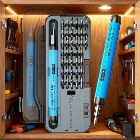 Coffret de tournevis 46 en 1 avec boîte de rangement et embouts, tournevis rechargeable 600 mAh, bleu (1/5)
