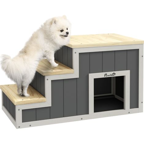 Haustiertreppe Hundetreppe. 3 Stufen. Kiefernholz. 79 cm x 38.5 cm x 45 cm. Natur + Weiß (1/4)