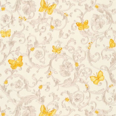 Empapelado de lujo exclusivo Profhome 343253 papel pintado no tejido ligeramente texturado con ornamentos florales destellante amarillo oro blanco crema 7,035 m2 (1/5)