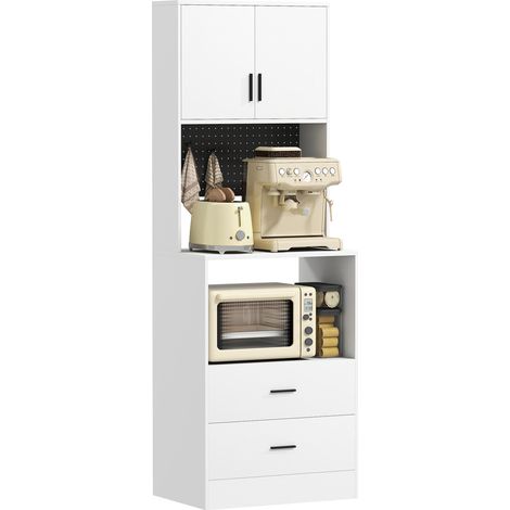 Meuble de cuisine auxiliaire avec support pour micro-ondes, 2 tiroirs, 2 portes et panneau métallique perforé, blanc (1/5)