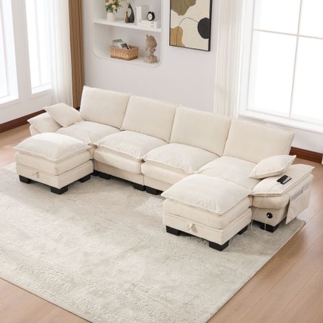Modulares 4-Sitzer Cordsofa (mit 2Hocker) – breite Sitzfläche, ergonomisches Design, hochdichte Schaumstoffpolsterung, USB-C-Anschluss und Seitentaschen. Ideal für Wohnzimmer, Büro oder Lounge.Beige