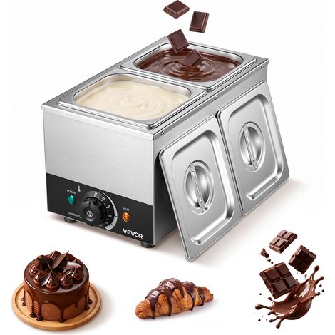 VEVOR Macchina per Fusione Cioccolato Burro 2 Vaschette Fusore Commerciale 800W, Intervallo Temperatura 30℃ a 85℃, Corpo in Acciaio Inox, Sistema Riscaldamento a Bagnomaria, Scaldacioccolato Formaggio (1/5)