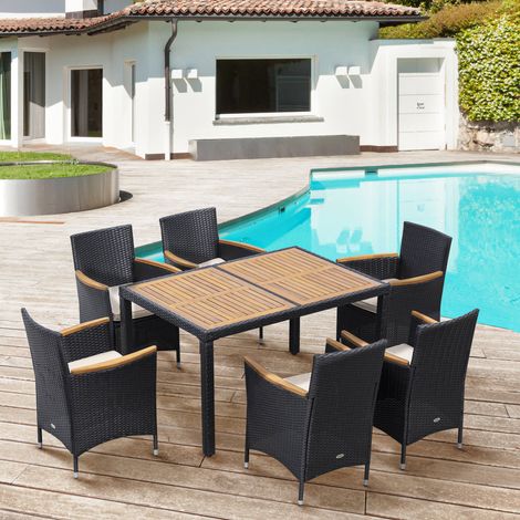 Outsunny 6-Personen-Gartenmöbelset: Großer rechteckiger Esstisch + 6 Sessel & waschbare Kissen, Stahl, PE-Gewebe, Akazienholz, Schwarz und Beige