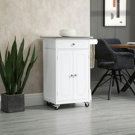 Carrito de cocina con múltiples compartimentos de almacenamiento, 1 cajón, armario de 2 puertas con toallero, MDF blanco, acero inoxidable. (1/5)