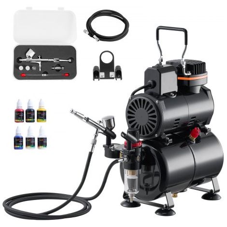 Kit de Aerógrafo con Compresor de Aire 1/6 HP Compresor de Aerógrafo de Doble Acción con 3 Boquillas, Manguera, 4 Pinturas Acrílicas, Kit de Pintura para Decoración de Tartas, Maquetas, Uñas (1/5)