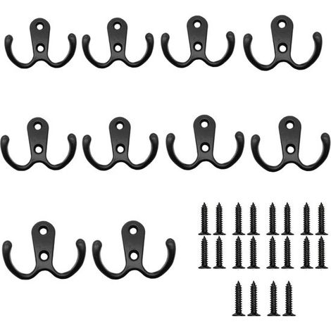 10 schwarze Metall-Kleiderhaken, Vintage-Doppelhaken mit Schrauben, geeignet für Badezimmer, Schlafzimmer und Küchen (1/5)