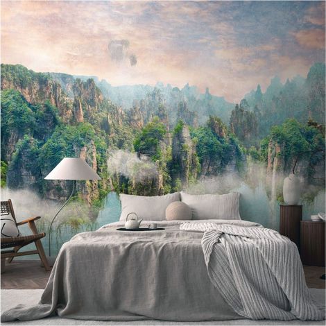 Sfondo fotografico Profhome 399081 Carta da parati TNT goffrata a caldo liscia con paesaggi opaca verde azzurro marrone beige 3,71 m x 2,8 m (1/4)