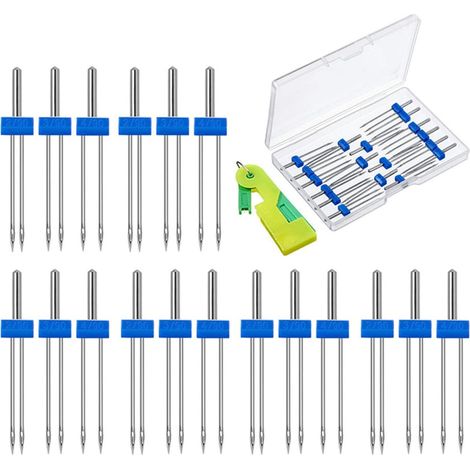 18 pièces aiguilles jumelles, machine à coudre double aiguille avec enfileur de boîte en plastique ensemble d'aiguilles jumelles pour la maison (1/5)