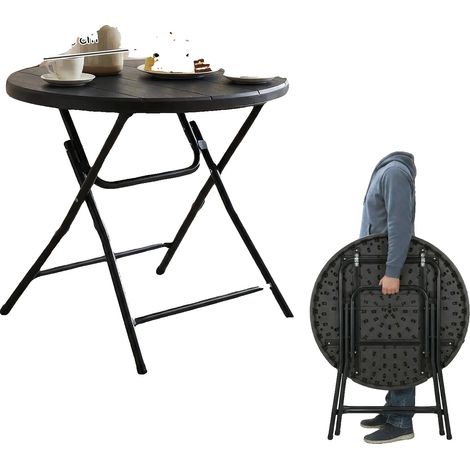 Mesa plegable, estructura de acero, portátil y robusta, redonda de 80 cm, negra. (1/2)