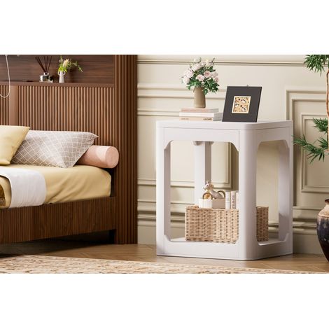 Lot de 2 tables d'appoint, table de chevet avec plateau épais de 3 cm, table basse à deux étages pour salon, idéale pour chambre et séjour, blanc, 50x40x60 cm (1/5)