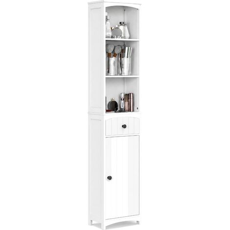 Armoire salle bain blanche, 34x24x170,5 cm, 3 étagères, 1 tiroir, rangement, gain de place (1/5)