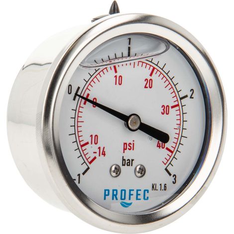 Profec Manometer -1 bis 3 bar, Glyzeringefüllt, Ø 63 mm, 1/4 Zoll Anschluss nach hinten Axial, Unterdruck-Manometer