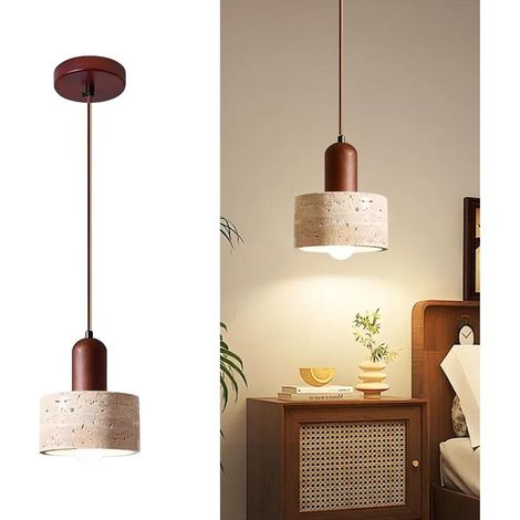 Lustre Suspension Pierre Naturelle - Abat-Jour Bois De Noyer - Style Rétro Nordique Pour Îlot De Cuisine - 1 Pièce (1/5)