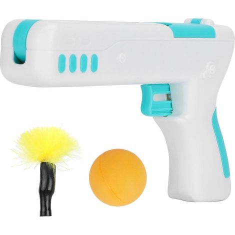 Pistolet à rebond pour chat, jouet interactif en plastique avec bâtonnet à plumes et balle bleue (1/2)