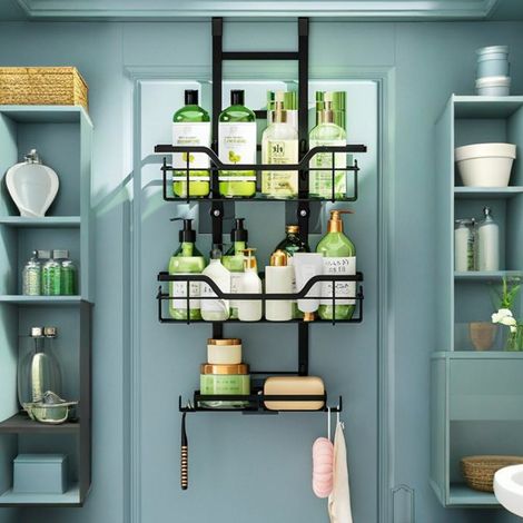 1PC Three Layered Hanging Basket Storage Rack With 6 Hooks No Drilling Shower Shelf For Bathroom (1/5)