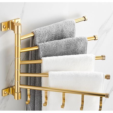 Porte-serviettes mural pivotant 180° doré avec 5 barres en métal épais, support moderne pour salle de bain (1/5)