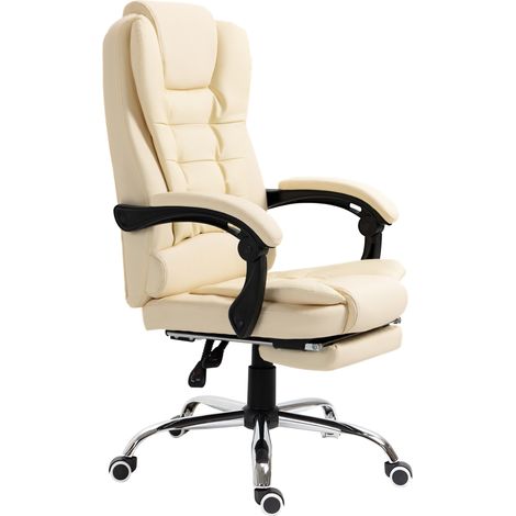 Fauteuil présidentiel en similicuir blanc avec dossier inclinable à 145° et repose-pieds, 64,5 x 69 x 109-117 cm