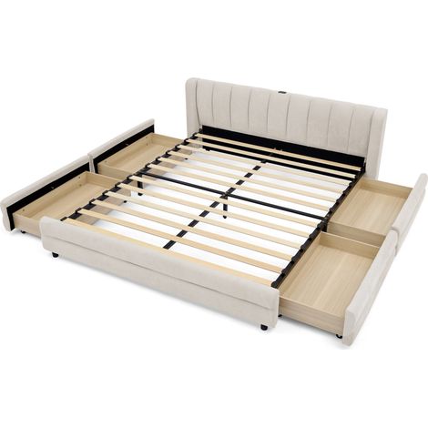 Doppelbett 140x200 cm Chenille beige mit Stauraum, USB und ergonomischem Kopfteil (1/5)