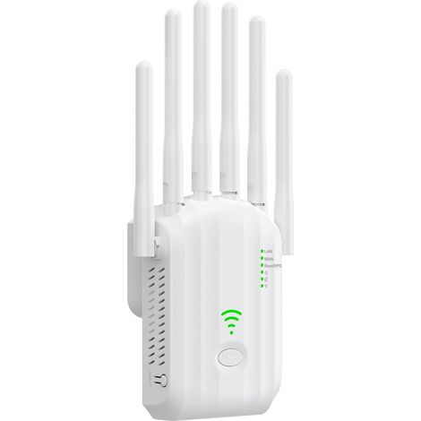 Répéteur WiFi Extérieur, Amplificateur WiFi Puissant avec 6 Antennes, Double Bande 2,4 GHz & 5 GHz, Port Ethernet Gigabit, Répéteur WiFi Puissant sans Fil, Compatible avec Toutes Les Box Internet