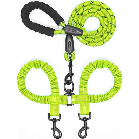 Laisse double pour chiens, Laisse double pour chiens, Laisse de promenade pivotante à 360 degrés anti-nœuds, Cordon élastique absorbant les chocs pour deux chiens, Vert, Grand (25-150 lbs) (1/5)