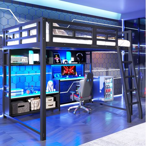 MODFU – Lit mezzanine 140x200 cm métal et MDF noir – Bureau intégré et LED RGB – Étagères de rangement – Idéal chambre ado – Noir (1/5)