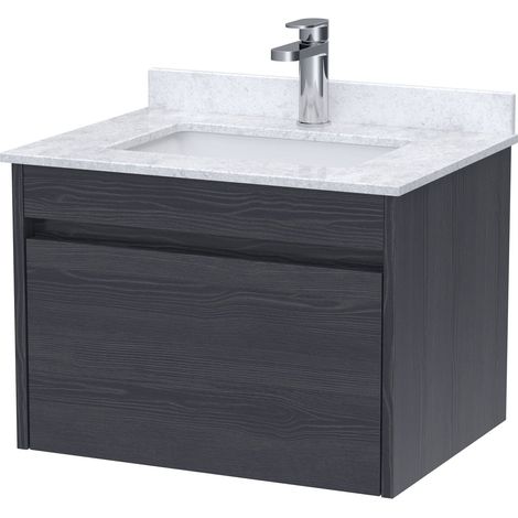 Swainsley Contemporary Wall Hung 1 Drawer Vanity Unit with Marble Top with Basin, 600mm, Graphite Grey Woodgrain