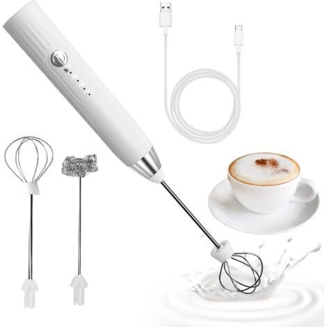 Electric Milk Frother, USB Rechargeable Milk Frother and Mini Electric Whisk, Stainless Steel Mixer, for Coffee, Latte (White) (1/4)