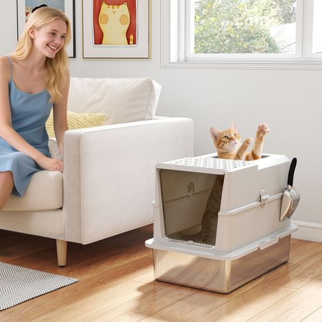 PawHut Bac à litière pour Chat Fermé Maison de Toilette 60,2x40,2x43,7cm - Acier Inoxydable, Gris Clair