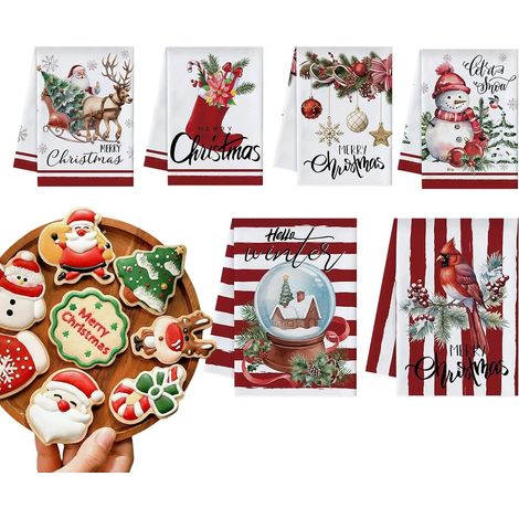 Serviettes de Noël 6 Pièces Décoration Saisonnière pour la Maison Set De Serviettes De Vaisselle De Noël Et Serviettes De Salle De Bain Pour Vacances Hiver Maison Ferme Intérieur Fête Salle (1/5)