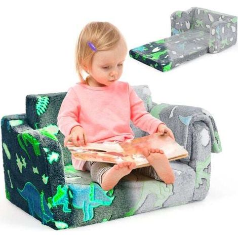 Canapé enfant gris 2 en 1 pliable avec couverture, tissu doux en flanelle, mousse 25D et motif phosphorescent pour chambre et sieste (1/5)