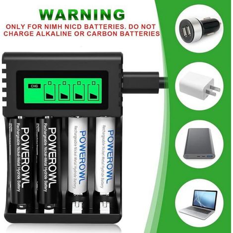 4 Slots Chargeur Piles Rechargeable Charge Rapide pour AA AAA Rechargeable avec Port USB Chargeur (4 Slots) CHARGEUR DE PILES (1/5)