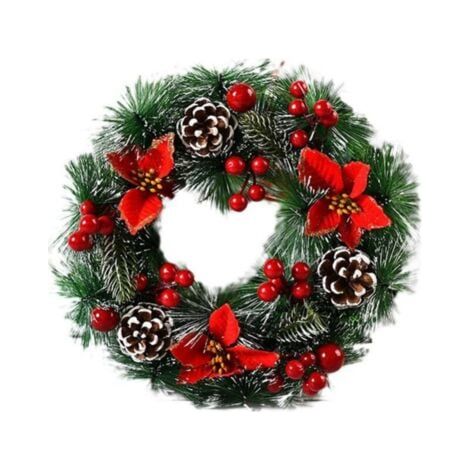 Couronne de Noël artificielle faite de branches de pin vert décorées de pommes de pin et d'un bouquet de baies guirlande de porte pour décorations de fête de porte d'entrée collection de Noël (1/3)
