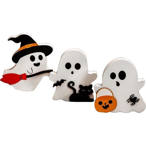 Lot de 3 décorations mignonnes : fantôme, chat noir, chauve-souris, balai de sorcière et citrouille. Plateau à étages en bois pour la décoration de table, de table, de fête et d'étagère. (1/5)